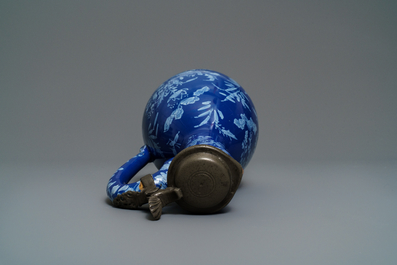 A rare Dutch Delft 'Persian blue' pewter-mounted jug, 17/18th C.